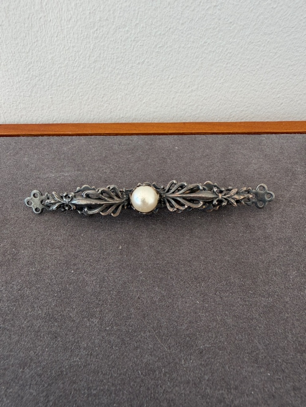 Vintage Filigree Bar Brooch with Faux Pearl